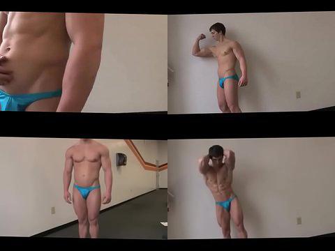 Sexy bodybuilder poses young boy in blue thong